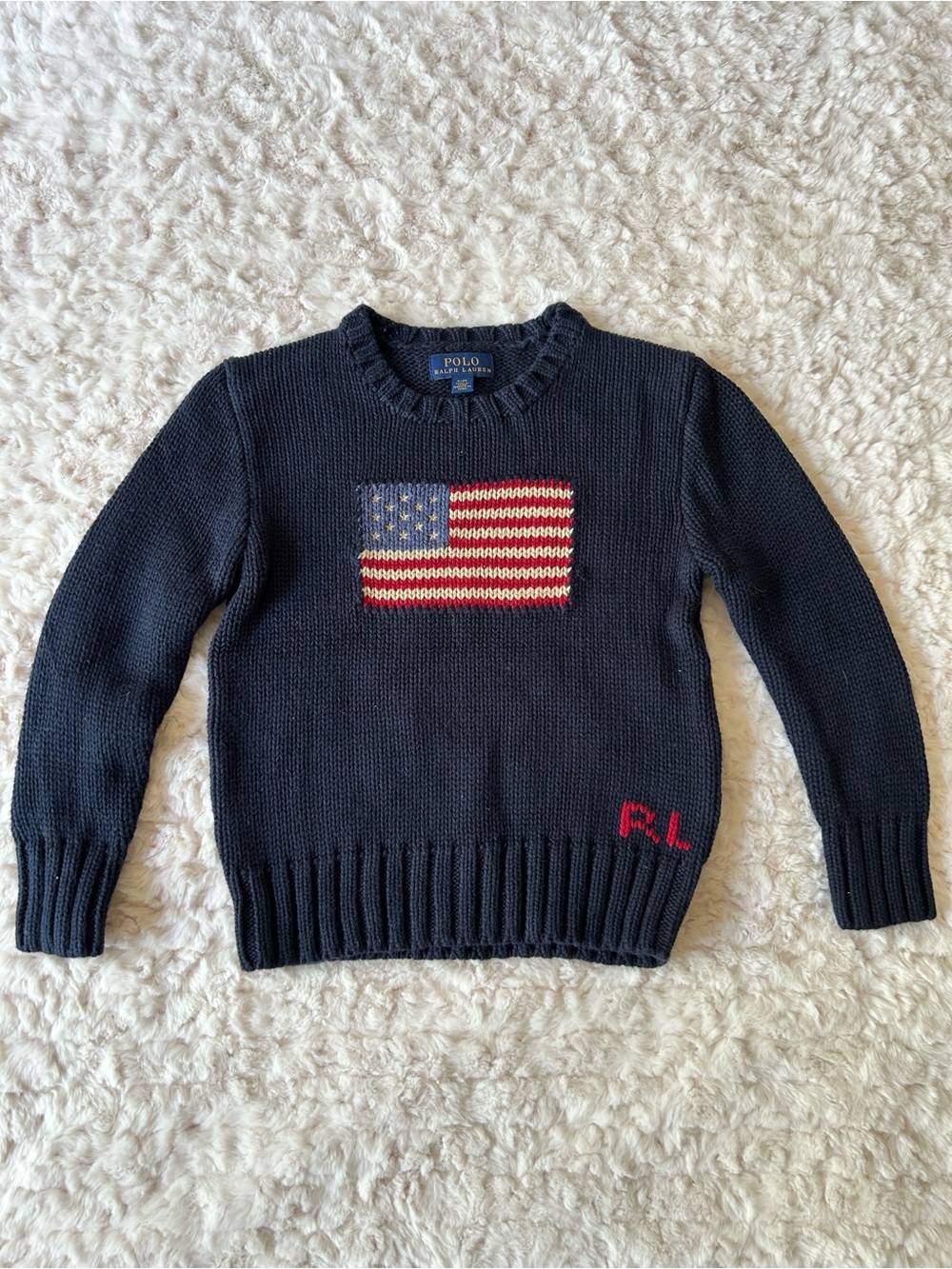 Polo by Ralph Lauren Navy Sweater with American Flag and Red RL